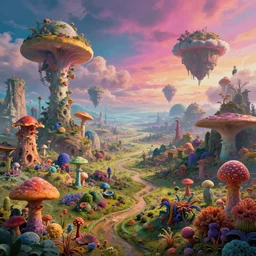 a view of a surreal alien variated planetary fractal landscapes with gigantic and small fungus and flora of varying vibrant colors and sizes scattered across the vast landscapes, surreal clouds, floating islands, 4 k, retro, detailed, beautiful view, vibrant, weird skies, extradimensional, trending on artstation