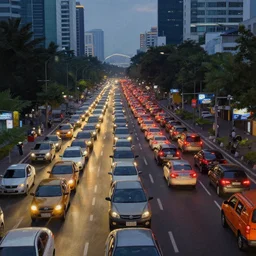 beautiful matte painting of traffic jam on the streets of jakarta in the evening, by greg rutkowski, 4 k, extreme details, photorealism
