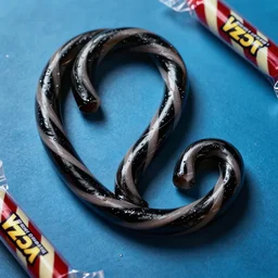 twisted strands of black licorice on a blue background, candy, twizzlers, shiny, candy store, chesley bonestell, vincent di fate