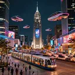 plaza in the city at night by cyril rolando and naomi okubo and dan mumford and zaha hadid. flying cars. advertisements. neon. tram.