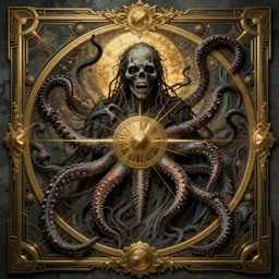zombie, lovecraftian, tentacles, highly detailed and intricate, golden ratio, muted colors, hyper maximalist, ornate, luxury, elite, horror, creepy, ominous, haunting, matte painting, cinematic, cgsociety, james jean, brian froud, ross tran, dark muted colors, back light, cinematic, art deco border,