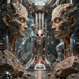 visions of huge rocks hallucinating on psychedelics with futuristic advanced metal constructions, no text, rendered with octane, hyper realistic, hyper detailed, surreal, futuristic, 8k