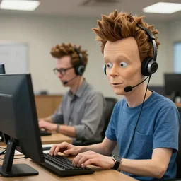 beavis and butthead working in a call center in a zoom meeting hdr, sharp focus, unreal engine, trending on artstation, octane, photorealistic, high resolution, 8 k, trending on deviantart, photography, unreal engine