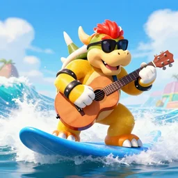 king koopa surfing while playing a guitar and wearing sunglasses