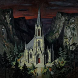 a menacing church in a dark valley, high detailed beksinski painting, by adrian ghenie and gerhard richter. art by takato yamamoto. masterpiece, deep colours.