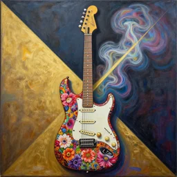 high intricate detailed abstract painting of a prs electric guitar covered in flowers and psychedelic smoke, golden ratio, rule of thirds, elegant, by lea leonowicz, by maks trofimov, by jenny brozek, by johannes wessmark