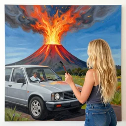 painting volegov car blonde woman!!! erupting volcano!!!