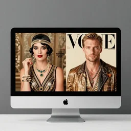 apple macbook monitor, vogue magazine, vintage roaring 2 0 s flapper, greg rutkowski, john singer sargent, anime, trending on pixiv, oil painting, crop top, intricate