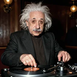 photo of Albert Einstein DJing a record player at a nightclub, vintage, highly detailed facial features, at a nightclub