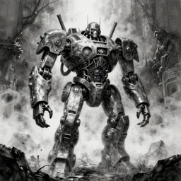giants robot, ricardo federici, feng zhu, masterpiece, ink drawn horror, greate space, creepy, fog, volume light, black and white high resolution, 8 k, highly detailed, processing, extremely hyperdetailed