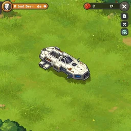 a small spaceship that needs repaired, on a grass field, from a point and click 2 d graphic adventure game, set design inspired slightly by tomb raider, art inspired by [ thomas kinkade ] and [ mark keathley ]