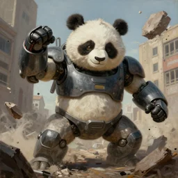a beautiful painting of a Mecha panda. The Mecha panda is destroying a building with its fists. Trending on artstation. By Michelangelo, Leonardo Da Vinci. 4k. 8k.