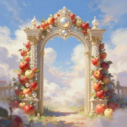 heaven fantasy painting, big pearly gate in heaven, apples, fruit, 8 k, trending on art station, digital art, raphael lacoste
