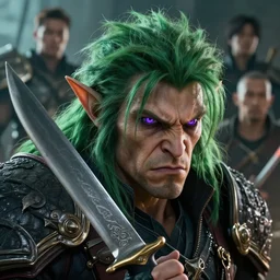 A head and shoulder portrait of a Dungeons and Dragons bugbear with green hair and purple eyes he looks angry at his knife by Greg Rutkowski, Sung Choi, Mitchell Mohrhauser, Maciej Kuciara, Johnson Ting, Maxim Verehin, Peter Konig, final fantasy, 8k photorealistic, cinematic lighting, HD, high details, dramatic, epic atmosphere, trending on artstation