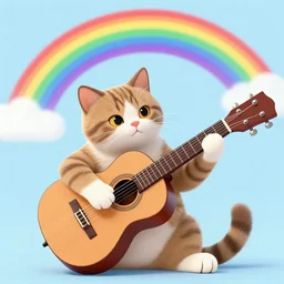 a cat playing a guitar under a rainbow