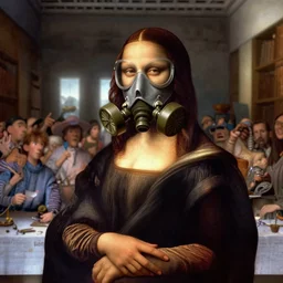 the last supper by leonardo da vinci in gas masks. high angle closeup portrait, blurry background of the library, disney, pixar, bloom, medium shot, dramatic lighting, in the style of studio ghibli, j. c. leyendecker, greg rutkowski, artgerm
