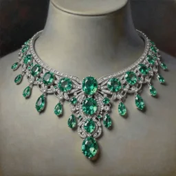 highly detailed oil painting, front view, very realistic gemstones, art nouveau, ornate, delicate, brilliant emerald choker, necklace on display, dramatic light,