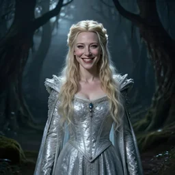 portrait of mischievous, dangerous young, smiling Galadriel (young Cate Blanchett) as a queen of fairies, dressed in a beautiful silver dress. The background is a dark, creepy eastern europen forrest.  night, horroristic shadows, high contrasts, lumnious, foggy effect,  photorealistic, dreamlike, mist filters, theatrical, oil canvas art by Henry Meynell Rheam and Cesare Saccaggi