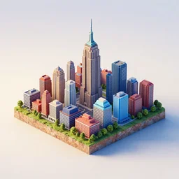 3 d isometric diorama full view of small island new york buildings block city on a pale gradient background, ultra detailed, hd textures, sharp focus, volumetric light, depht of field, by filip hodas, featured on polycount, cubo - futurism, colorful, voxel art, diorama, cityscape, octane render, no crop!!!