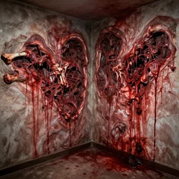 photograph of a room with walls made of raw flesh and bones, bloody, graphic, found footage, horrid