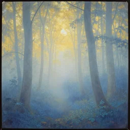 a foggy blue golden forest, daguerreotype by gustave moreau, art noveau, highly detailed, strong lights, liminal, eerie, Bright pastel colors