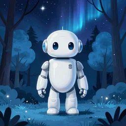 A chunky glossy white robot stands in the middle of a forest of softly glowing blue trees at night. The sky above has many stars and a beautiful blue aurora. Cyril Roland naomi okubo. Trending on artstation. Digital painting.