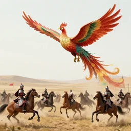 an imposing chinese phoenix scene, many soldiers in armor riding war horses fighting on the battlefield, the plains burning with the fire of war ， golden atmosphere ， full of details, matte painting, concept art, smooth ， super wide angle ， by fenghua zhong and huang guangjian ， trending on cgsociety and blender ， unreal engine ， 8 khdr ， light effect ， rtx on ，