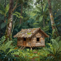 a small wooden hut in the middle of the rain forest, painting,