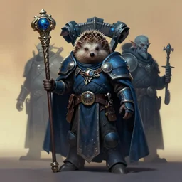 full character potrait of genetic combination between hedgehog & goblin, holding a ceremonial staff, wearing a cloak, zdzislaw beksinski, lewis jones, dariusz zawadzki, wayne barlow, warhammer fantasy, cold hue's, warm tone gradient background, concept art, 4 k, ultra - high - definition