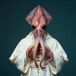 a perfect portrait of the squid pope. his skin is slick with a layer of blubber blistering and dripping down his robes. he is shiny as all hell. 3 5 mm film, studio lighting, religious fundamentalism and aquatic lunacy. perfect focus and immaculately composed.