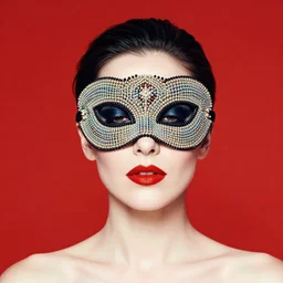 an 8 0 s portrait of a woman with dark eye - shadow and red lips with dark slicked back hair dreaming acid - fueled hallucinations wearing a beaded mask by serge lutens, rolf armstrong, delphin enjolras, peter elson, flat surreal psychedelic colors, background of classic red cloth