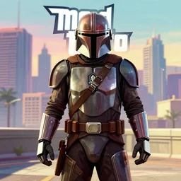 The Mandalorian in GTA V, epic, cover art by Stephen Bliss,trending on artstation, no text, City Skyline in the Backround