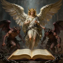 book of enoch, angels capture demons with huge chains and send them to hell, atmospheric lighting. highly detailed digital painting, sharp focus by dore and bouguereau, william - adolphe and beeple and dan mumford and ross tran, trending on artstation