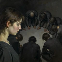 the profile of a woman's face looking down at a group of unidentifiable humans cowering in a circle, dark mood, accentuated shadows, in style of william mortensen