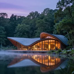 curved roof planes lift and descend creating shade and architectural expression, highly detailed, situated in the forest, next to a highly reflective lake, at dusk, vivid color, high resolution photography, mist, luxury