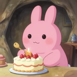 big pink bunny, bakes a cake in a cave, anime art, high resolution 4 k, by makoto shinkai and beeple