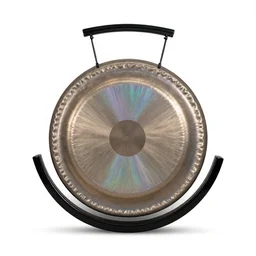 iridescent gong, photorealistic, isolated on a pure white background, centered, entire object in frame, sharp focus, soft studio lighting