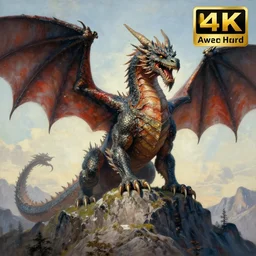 giant dragon standing on a mountain, highly detailed, 4 k, hdr, award - winning, painting by gottfried helnwein