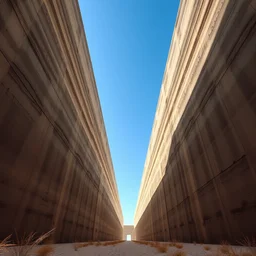 a beautiful digital artwork of a liminal concrete canyon, straight concrete walls, blue sky, sunlight, dry, very detailed, realistic