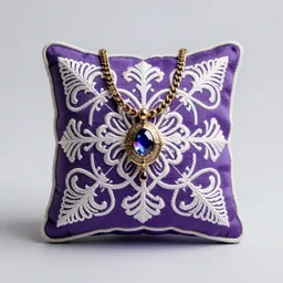 steampunk jewelry artstation ultra detailed render centered on purple cushion with intricate white embroidery