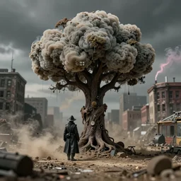 tilt shift, 1 9 1 2 wwi,!!! cumulonimbus tree in a city, plague doctor, dirt and dust,! mold, neon smoke, film still 3 5 mm, 3 2 k,! colorized photo, dystopian environment, intricate, highly detailed movie, concept, smooth, sharp focus, artgerm