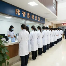 a really long line in front of a doctor's office