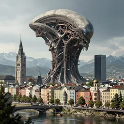 innsbruck city by hr giger, octane render, high quality, trending on artstation, alien structures, 3 d, 8 k