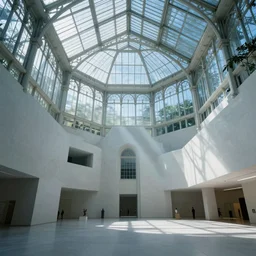 hyper realistic interior photo of a white concerete brutalist museum mixed with giant victorian greenhouse, style of simon stalenhag, volumetric light rays, cinematic and blue cold atmospheric, archillect concept art, artstation, epic matte painting by weta digital