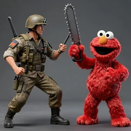 ash from army of darkness fighting evil elmo, chainsaw hand, boomstick, highly detailed