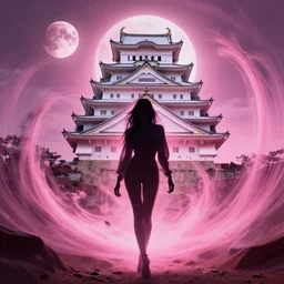 silhouette of a sexy woman emerging from pink maelstorm at himeji castle, on antelope canyon in cyberpunk theme, during a blood moon, by conrad roset, nicola samuri, dino valls, m. w. kaluta, rule of thirds, seductive look, beautiful