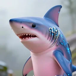 natural light, soft focus portrait of a male cyberpunk anthropomorphic shark with soft synthetic pink skin, blue bioluminescent plastics, smooth shiny metal, elaborate ornate head piece, piercings, skin textures, by annie leibovitz, paul lehr
