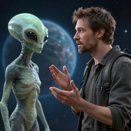 highly detailed photo of a man talking with alien on future planet in the style of greg rutsowski, 3 d render, hyper realistic, concept art, 8 k detail post - processing