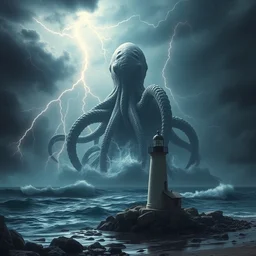 cthulhu rising from the ocean during thunderstorm lightning flashing a lighthouse on a rocky beach is in the foreground - w 1 0 2 4 - h 1 0 2 4