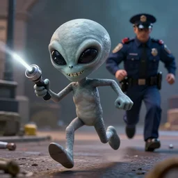 a little grey alien with a big grin holding a Sonic Screwdriver while running from the police, scary, photorealistic
